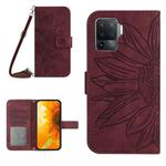 For OPPO A54 4G/A16 4G Skin Feel Sun Flower Pattern Flip Leather Phone Case with Lanyard(Wine Red)