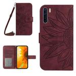 For OPPO A91/Reno3 4G Global Skin Feel Sun Flower Pattern Flip Leather Phone Case with Lanyard(Wine Red)