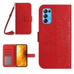 For OPPO Reno5 4G Skin Feel Sun Flower Pattern Flip Leather Phone Case with Lanyard(Red)