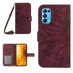 For OPPO Reno5 4G Skin Feel Sun Flower Pattern Flip Leather Phone Case with Lanyard(Wine Red)