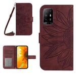 For OPPO Reno5 Z/A94 5G/A95 5G Skin Feel Sun Flower Pattern Flip Leather Phone Case with Lanyard(Wine Red)