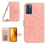 For OPPO Reno6 5G Skin Feel Sun Flower Pattern Flip Leather Phone Case with Lanyard(Pink)