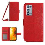 For OPPO Reno6 Pro Global Skin Feel Sun Flower Pattern Flip Leather Phone Case with Lanyard(Red)