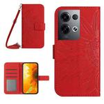 For OPPO Reno8 Pro Global Skin Feel Sun Flower Pattern Flip Leather Phone Case with Lanyard(Red)