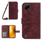 For Realme C12/C15/C25 Skin Feel Sun Flower Pattern Flip Leather Phone Case with Lanyard(Wine Red)