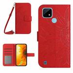For Realme C20/C21 Skin Feel Sun Flower Pattern Flip Leather Phone Case with Lanyard(Red)