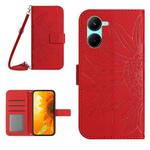For Realme C35 Skin Feel Sun Flower Pattern Flip Leather Phone Case with Lanyard(Red)