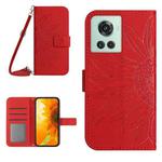 For OnePlus 10R Skin Feel Sun Flower Pattern Flip Leather Phone Case with Lanyard(Red)