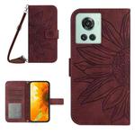 For OnePlus 10R Skin Feel Sun Flower Pattern Flip Leather Phone Case with Lanyard(Wine Red)
