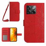 For OnePlus 10T Skin Feel Sun Flower Pattern Flip Leather Phone Case with Lanyard(Red)