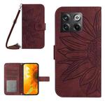 For OnePlus 10T Skin Feel Sun Flower Pattern Flip Leather Phone Case with Lanyard(Wine Red)