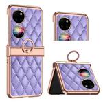 For Huawei P50 Pocket Grid Leather Pattern Electroplating Frame Folding Phone Case(Purple)