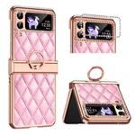 For Samsung Galaxy Z Flip4 Grid Leather Pattern Electroplating Frame Folding Phone Case(Pink)