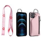 For iPhone 14 Detachable Zippered Coin Purse Phone Case with Lanyard(Pink)