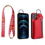 For iPhone 12 Pro Max Detachable Zippered Coin Purse Phone Case with Lanyard(Red)