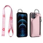 For iPhone 11 Pro Max Detachable Zippered Coin Purse Phone Case with Lanyard(Pink)