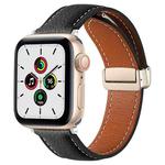 Folding Buckle Genuine Leather Watch Band for Apple Watch Ultra 49mm / Series 8&7 45mm / SE 2&6&SE&5&4 44mm / 3&2&1 42mm(Black)