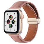 Folding Buckle Genuine Leather Watch Band for Apple Watch Ultra 49mm / Series 8&7 45mm / SE 2&6&SE&5&4 44mm / 3&2&1 42mm(Dark Pink)