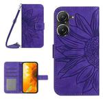 For Asus ZenFone 9 Skin Feel Sun Flower Pattern Flip Leather Phone Case with Lanyard(Dark Purple)