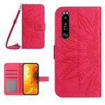 For Sony Xperia 1 III Skin Feel Sun Flower Pattern Flip Leather Phone Case with Lanyard(Rose Red)