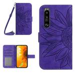 For Sony Xperia 1 III Skin Feel Sun Flower Pattern Flip Leather Phone Case with Lanyard(Dark Purple)