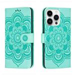 For iPhone 14 Pro Max Sun Mandala Embossing Leather Phone Case(Green)