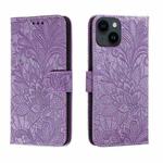 For iPhone 14 / 13 Lace Flower Embossing Flip Leather Phone Case(Purple)