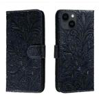 For iPhone 14 / 13 Lace Flower Embossing Flip Leather Phone Case(Dark Blue)