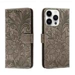 For iPhone 14 Pro Lace Flower Embossing Flip Leather Phone Case(Grey)