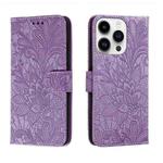 For iPhone 14 Pro Lace Flower Embossing Flip Leather Phone Case(Purple)