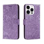 For iPhone 14 Pro Max Lace Flower Embossing Flip Leather Phone Case(Purple)