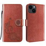 For iPhone 14 / 13 Lace Lotus Embossing Flip Leather Phone Case(Brown)