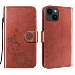 For iPhone 14 Plus Lace Lotus Embossing Flip Leather Phone Case(Brown)