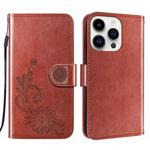 For iPhone 14 Pro Max Lace Lotus Embossing Flip Leather Phone Case(Brown)