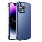 For iPhone 14 Pro Max Frameless Metallic Paint Phone Case with Lens Film(Dark Blue)