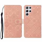 For Samsung Galaxy S23 Ultra 5G Ethnic Style Embossed Pattern Leather Phone Case(Pink)