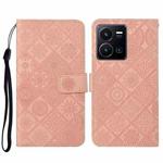 For vivo Y22s Ethnic Style Embossed Pattern Leather Phone Case(Pink)