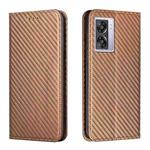 For OPPO A57 2022 Carbon Fiber Texture Magnetic Flip Leather Phone Case(Brown)