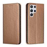 For Samsung Galaxy S23 Ultra 5G Carbon Fiber Texture Magnetic Flip Leather Phone Case(Brown)