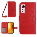 For Xiaomi 12 Lite Skin Feel Sun Flower Pattern Flip Leather Phone Case with Lanyard(Red)