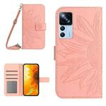 For Xiaomi 12T / 12T Pro Skin Feel Sun Flower Pattern Flip Leather Phone Case with Lanyard(Pink)