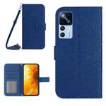 For Xiaomi 12T / 12T Pro Skin Feel Sun Flower Pattern Flip Leather Phone Case with Lanyard(Dark Blue)