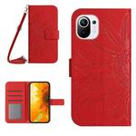 For Xiaomi Mi 11 Skin Feel Sun Flower Pattern Flip Leather Phone Case with Lanyard(Red)