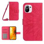 For Xiaomi Mi 11 Skin Feel Sun Flower Pattern Flip Leather Phone Case with Lanyard(Rose Red)
