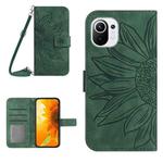 For Xiaomi Mi 11 Lite Skin Feel Sun Flower Pattern Flip Leather Phone Case with Lanyard(Green)