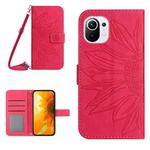 For Xiaomi Mi 11 Lite Skin Feel Sun Flower Pattern Flip Leather Phone Case with Lanyard(Rose Red)