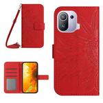 For Xiaomi Mi 11 Pro Skin Feel Sun Flower Pattern Flip Leather Phone Case with Lanyard(Red)