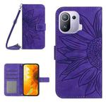 For Xiaomi Mi 11 Pro Skin Feel Sun Flower Pattern Flip Leather Phone Case with Lanyard(Dark Purple)