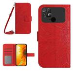 For Xiaomi Poco C40 Skin Feel Sun Flower Pattern Flip Leather Phone Case with Lanyard(Red)