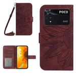 For Xiaomi Poco M4 Pro 4G Skin Feel Sun Flower Pattern Flip Leather Phone Case with Lanyard(Wine Red)
